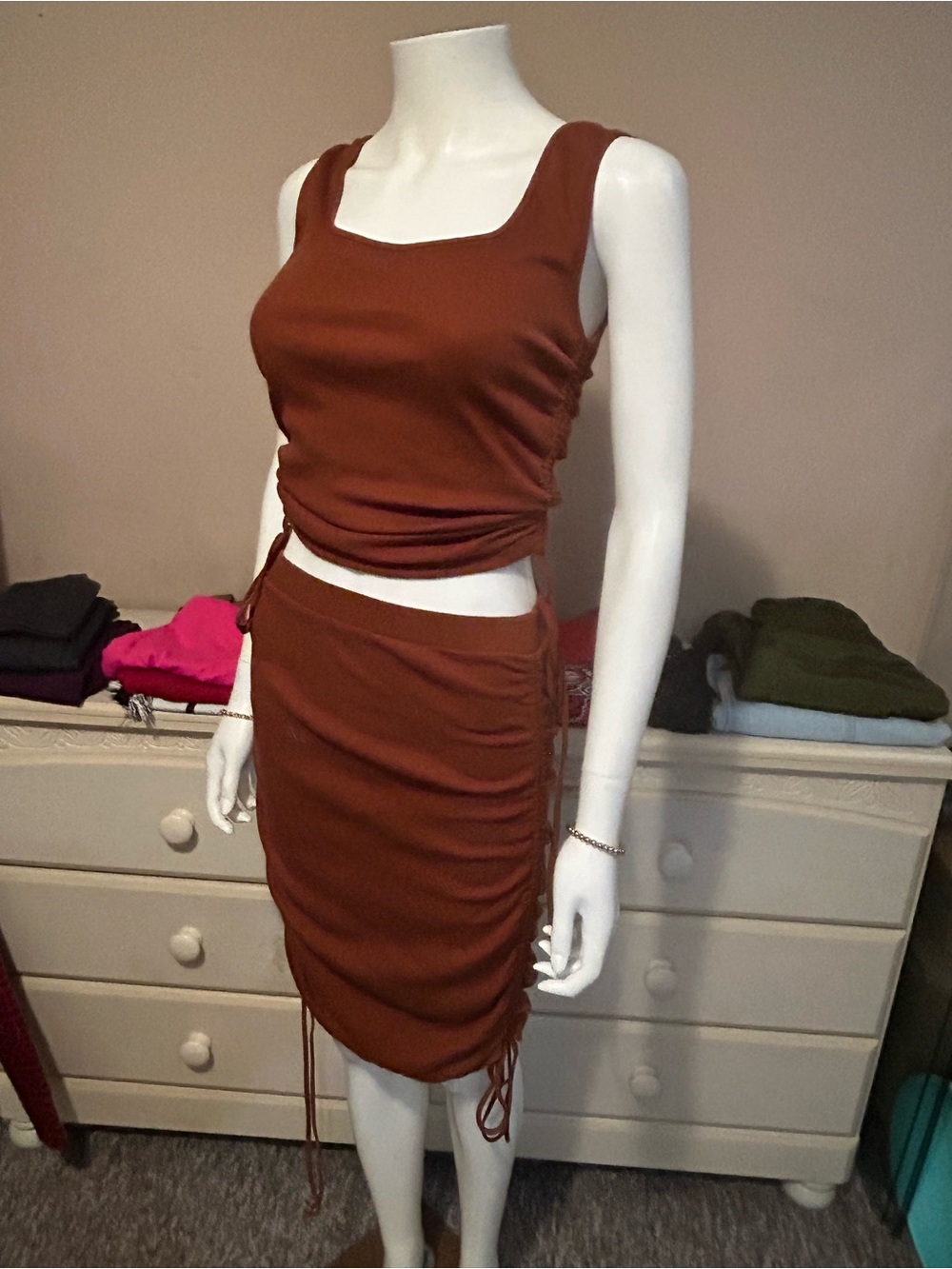 SHEIN Rust Brown Ruched Midi Skirt Set
